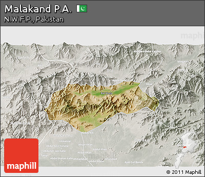 Satellite 3D Map of Malakand P.A., lighten, semi-desaturated