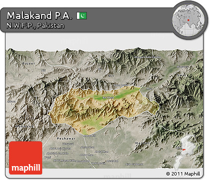 Satellite 3D Map of Malakand P.A., semi-desaturated