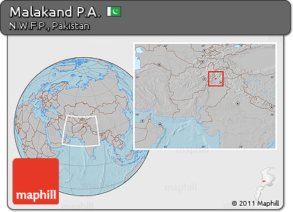 Gray Location Map of Malakand P.A., within the entire country, hill shading