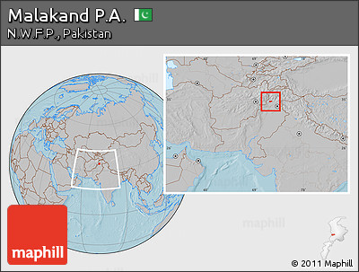 Gray Location Map of Malakand P.A., within the entire country, hill shading