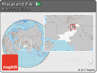 Gray Location Map of Malakand P.A., highlighted country, highlighted parent region, within the entire country