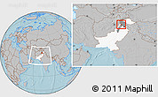 Gray Location Map of Malakand P.A., highlighted country, highlighted parent region, within the entire country, hill shading