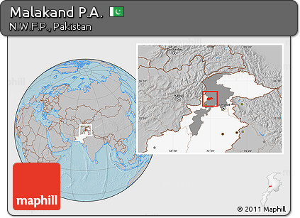 Gray Location Map of Malakand P.A., highlighted country, highlighted parent region, hill shading