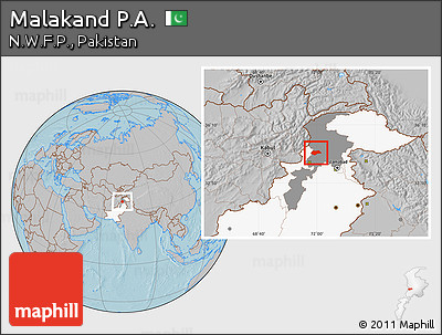 Gray Location Map of Malakand P.A., highlighted country, highlighted parent region, hill shading