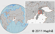 Gray Location Map of Malakand P.A., highlighted country, highlighted parent region, hill shading