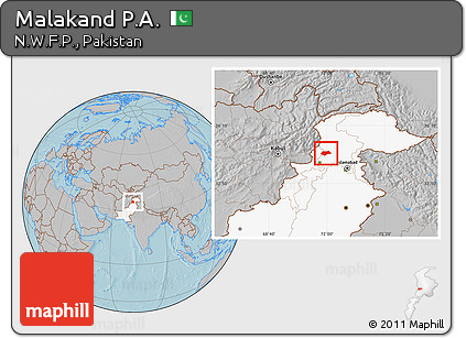 Gray Location Map of Malakand P.A., highlighted country, hill shading