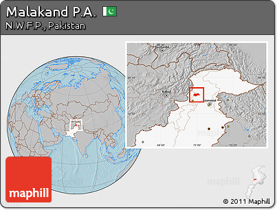 Gray Location Map of Malakand P.A., highlighted country, hill shading