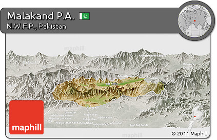 Satellite Panoramic Map of Malakand P.A., lighten, semi-desaturated