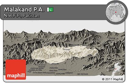 Shaded Relief Panoramic Map of Malakand P.A., darken