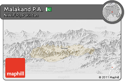 Shaded Relief Panoramic Map of Malakand P.A., lighten, desaturated
