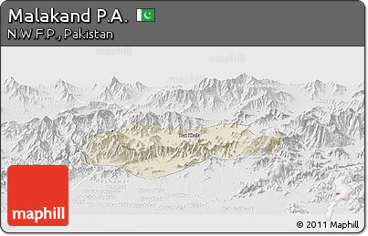 Shaded Relief Panoramic Map of Malakand P.A., lighten, desaturated