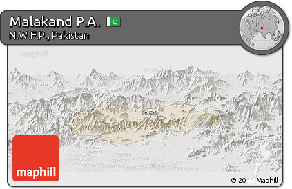 Shaded Relief Panoramic Map of Malakand P.A., lighten, semi-desaturated
