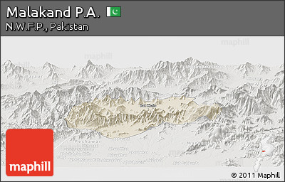 Shaded Relief Panoramic Map of Malakand P.A., lighten, semi-desaturated