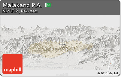 Shaded Relief Panoramic Map of Malakand P.A., lighten, semi-desaturated