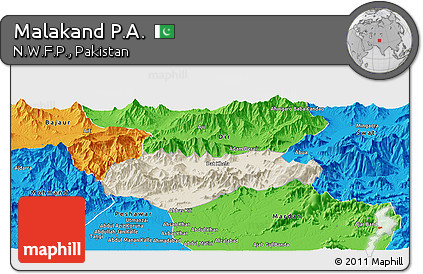 Shaded Relief Panoramic Map of Malakand P.A., political outside