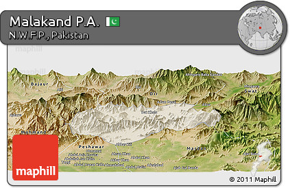 Shaded Relief Panoramic Map of Malakand P.A., satellite outside