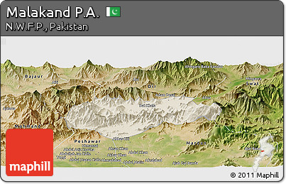 Shaded Relief Panoramic Map of Malakand P.A., satellite outside