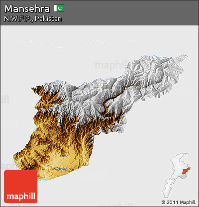 Physical 3D Map of Mansehra, single color outside
