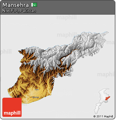 Physical 3D Map of Mansehra, single color outside