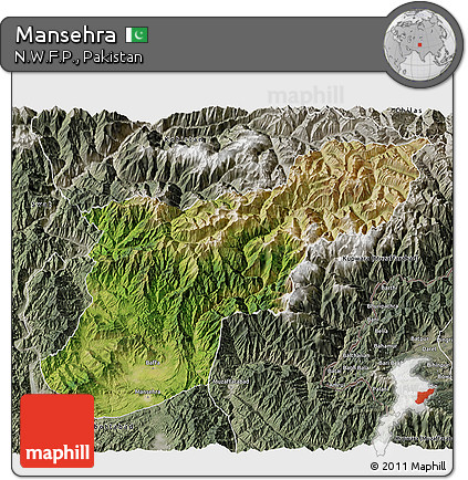 Satellite 3D Map of Mansehra, semi-desaturated