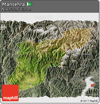 Satellite 3D Map of Mansehra, semi-desaturated