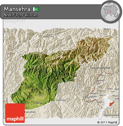 Satellite 3D Map of Mansehra, shaded relief outside