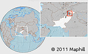 Gray Location Map of Mansehra, highlighted country, highlighted parent region, within the entire country, hill shading