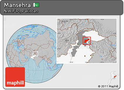 Gray Location Map of Mansehra, highlighted country, highlighted parent region, hill shading