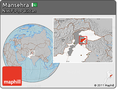 Gray Location Map of Mansehra, highlighted country, highlighted parent region, hill shading