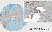 Gray Location Map of Mansehra, highlighted country, highlighted parent region, hill shading
