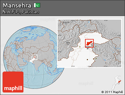 Gray Location Map of Mansehra, highlighted country, hill shading