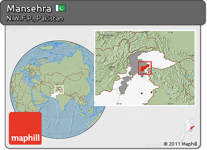Savanna Style Location Map of Mansehra, highlighted country, highlighted parent region, hill shading