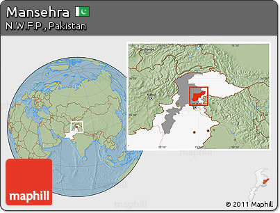 Savanna Style Location Map of Mansehra, highlighted country, highlighted parent region, hill shading