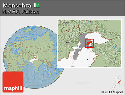 Savanna Style Location Map of Mansehra, highlighted country, highlighted parent region, hill shading