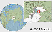 Savanna Style Location Map of Mansehra, highlighted country, highlighted parent region, hill shading