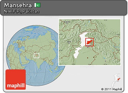 Savanna Style Location Map of Mansehra, highlighted parent region, hill shading