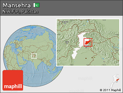 Savanna Style Location Map of Mansehra, highlighted parent region, hill shading