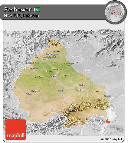 Satellite 3D Map of Peshawar, lighten, desaturated