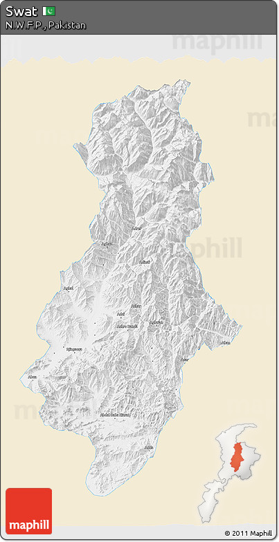 Classic Style 3D Map of Swat, single color outside