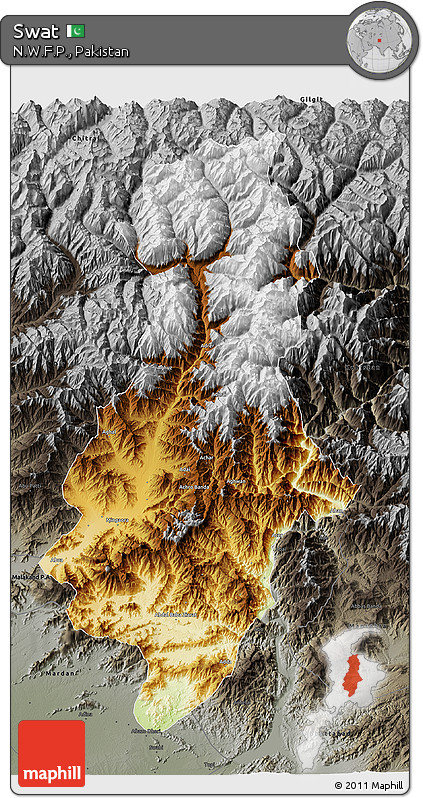 Physical 3D Map of Swat, darken, semi-desaturated