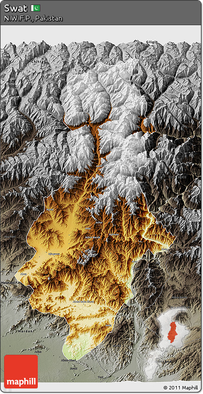 Physical 3D Map of Swat, darken, semi-desaturated
