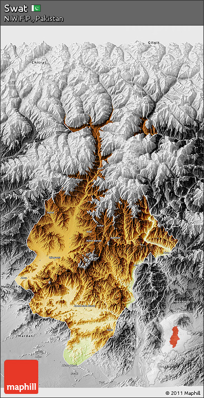Physical 3D Map of Swat, desaturated