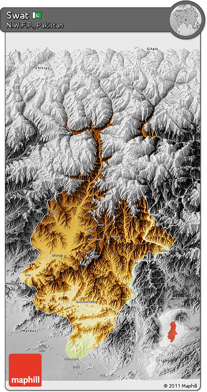 Physical 3D Map of Swat, desaturated