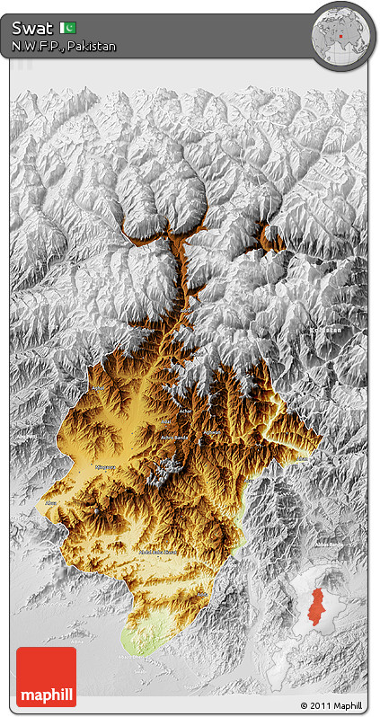 Physical 3D Map of Swat, lighten, desaturated