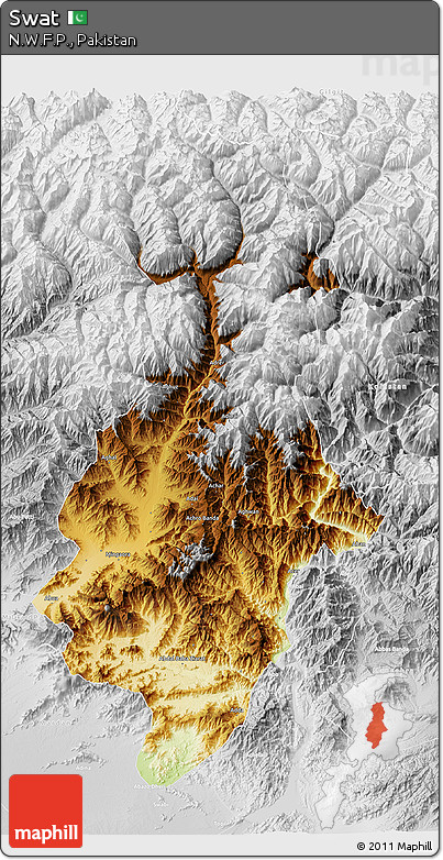 Physical 3D Map of Swat, lighten, desaturated