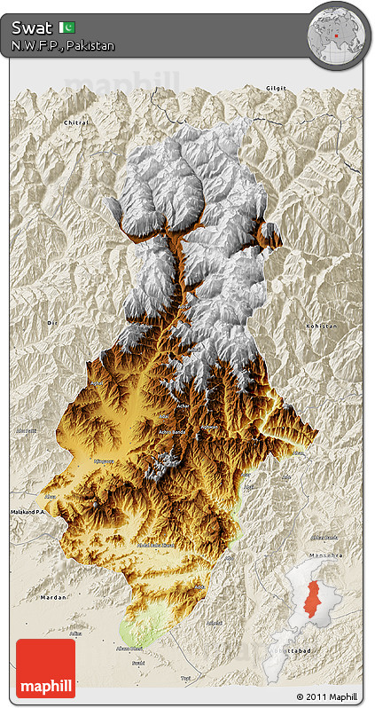 Physical 3D Map of Swat, shaded relief outside