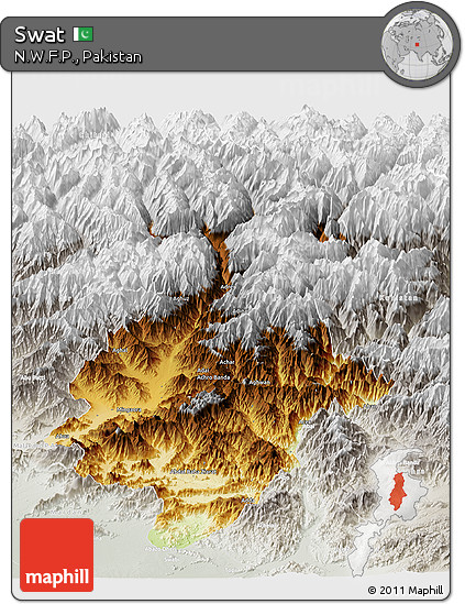 Physical Panoramic Map of Swat, lighten, semi-desaturated