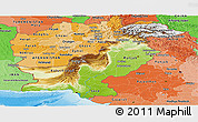 Physical Panoramic Map of Pakistan, political shades outside, shaded relief sea