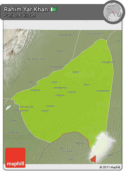 Physical 3D Map of Rahim Yar Khan, semi-desaturated