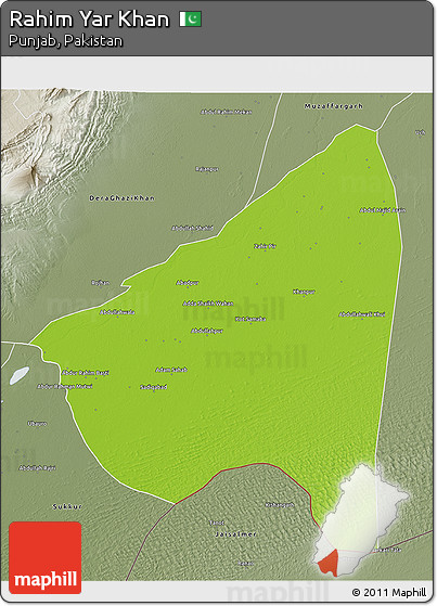 Physical 3D Map of Rahim Yar Khan, semi-desaturated